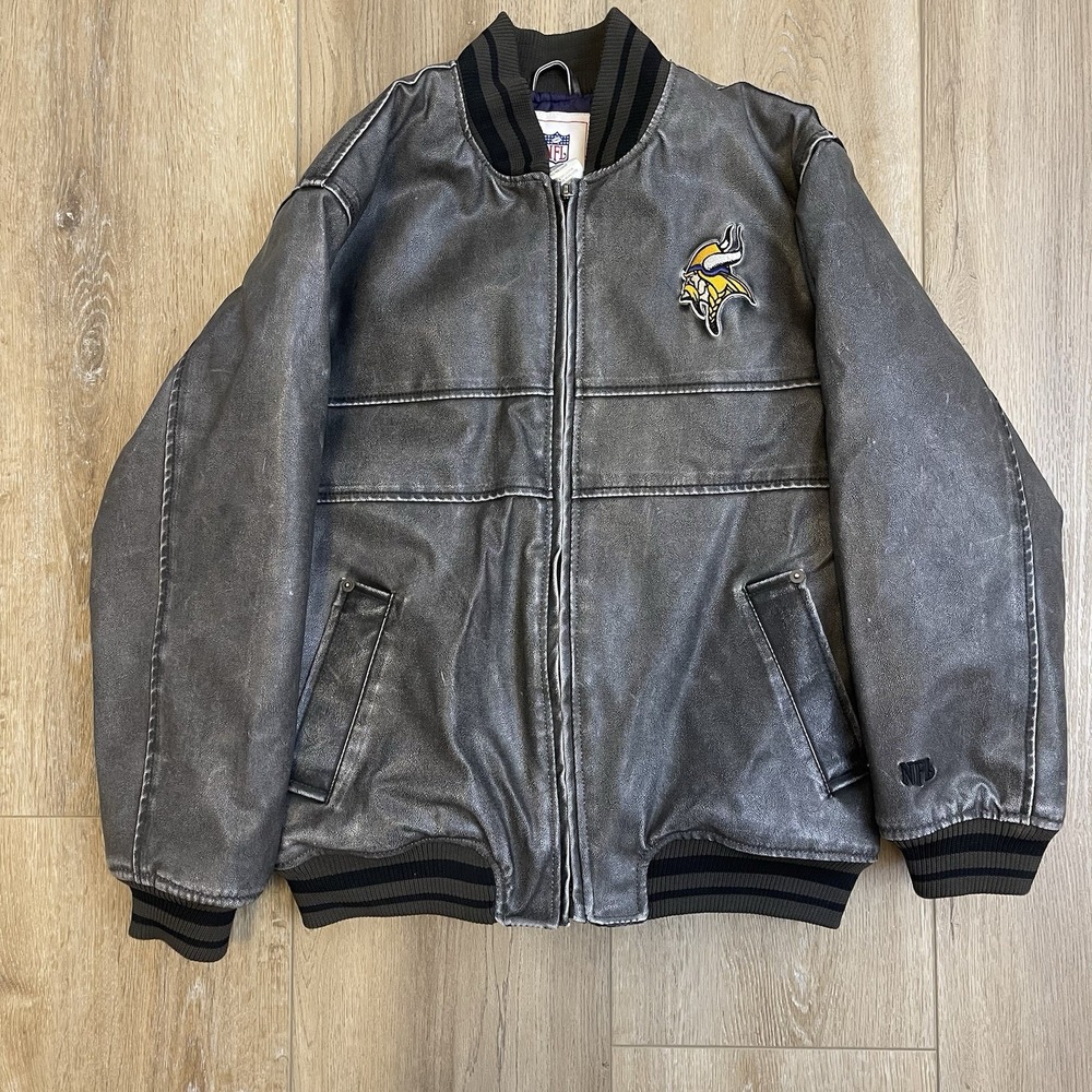 Vintage Minnesota Vikings Faux Leather Bomber Jacket‎ Charcoal Gray Youth Boys